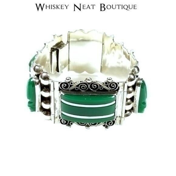 Vintage Sterling Mexico Silver & Jade Bracelet - Picture 7 of 7